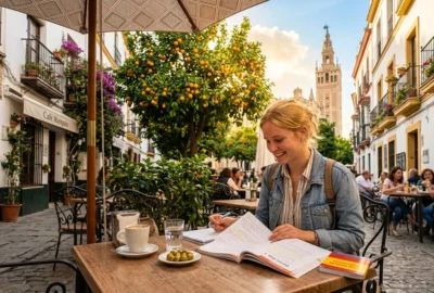 Sprachreise Spanien – Student lernt Spanisch in einem Café in Sevilla