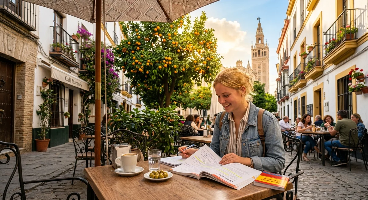 Sprachreise Spanien – Student lernt Spanisch in einem Café in Sevilla