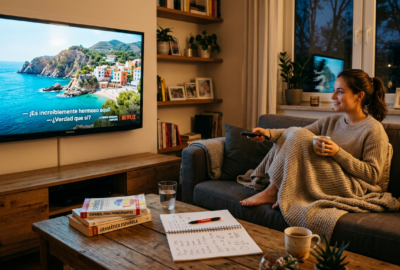 Spanisch lernen mit Serien: Person schaut spanische Serie mit Untertiteln und macht Vokabelnotizen