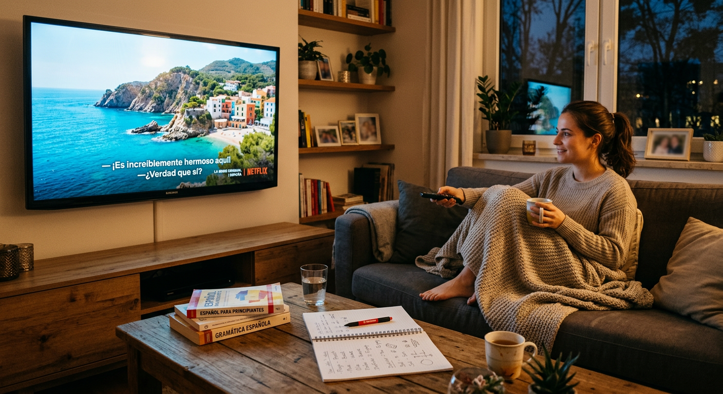 Spanisch lernen mit Serien: Person schaut spanische Serie mit Untertiteln und macht Vokabelnotizen