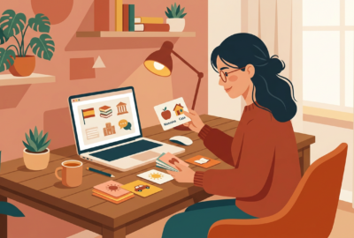 Person lernt Spanisch Vokabeln mit Karteikarten und Laptop am Schreibtisch