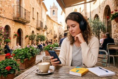 Person mit Kopfhörern lernt Spanisch mit Podcasts im mediterranen Café