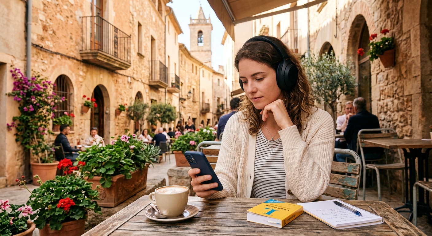 Person mit Kopfhörern lernt Spanisch mit Podcasts im mediterranen Café